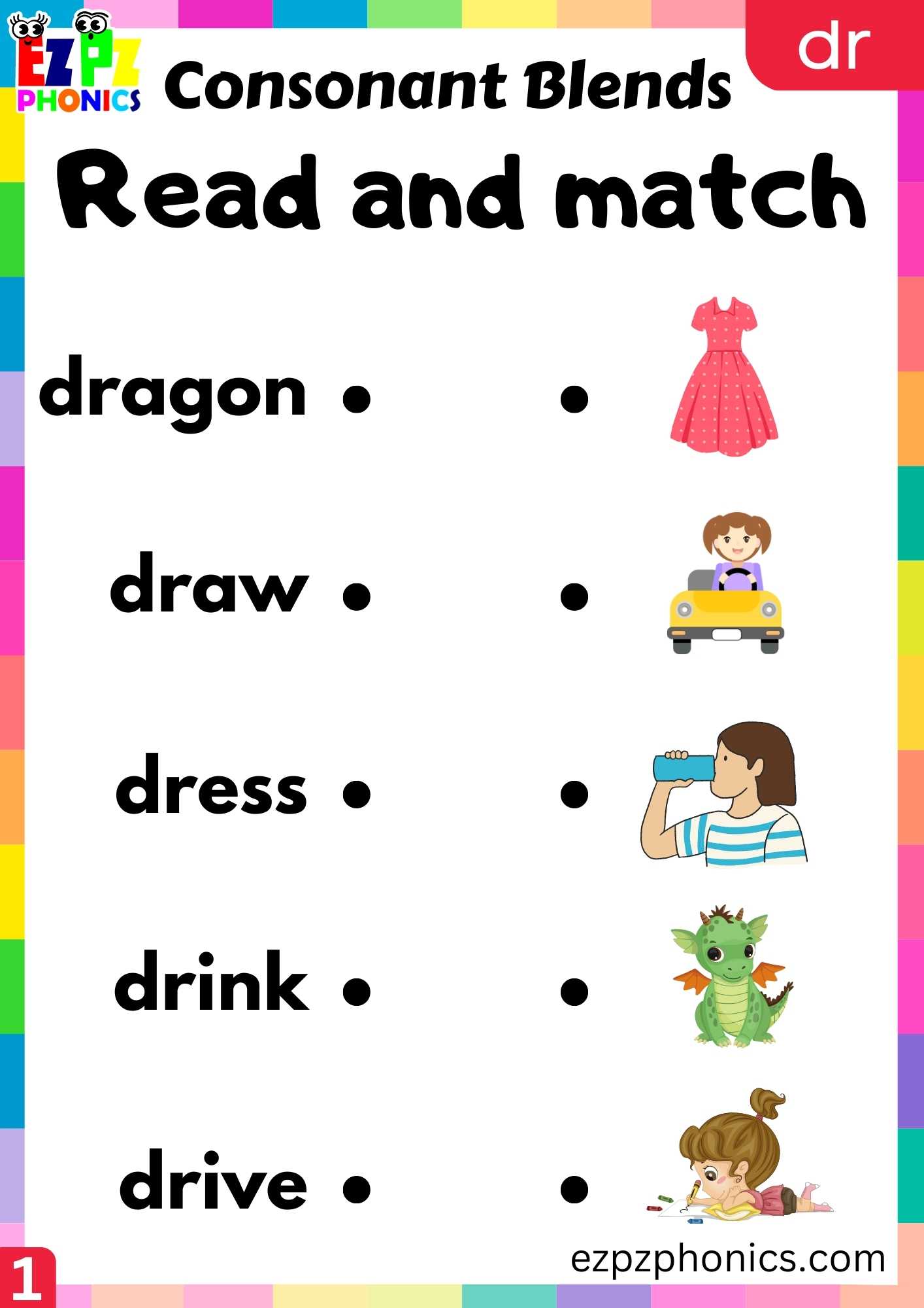 Group1 DR Words Read And Match Phonics Consonant Blends Worksheet